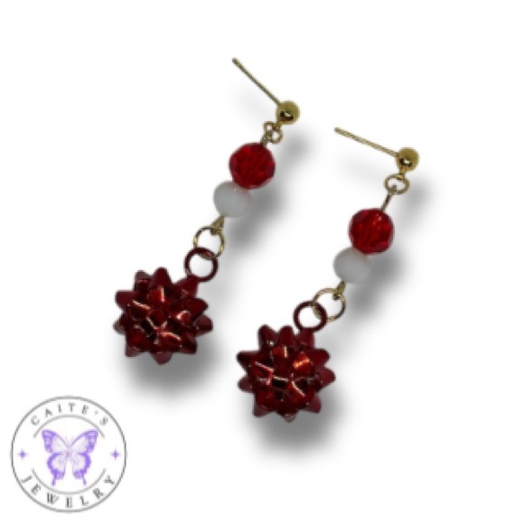 Handmade Gold Stud Earrings with Red Christmas Bow Charms - Picture 2 of 3